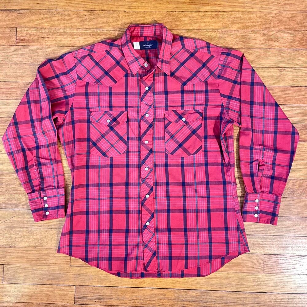 Wrangler Mens Western Pearl Snap Red Plaid Button Up Collared Shirt Size L